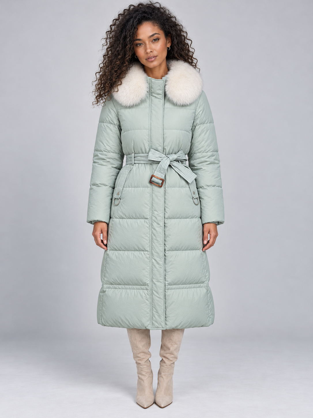 Cappotto Donna Imbottito Lungo Cappuccio Pelliccia Sintetica Cintura