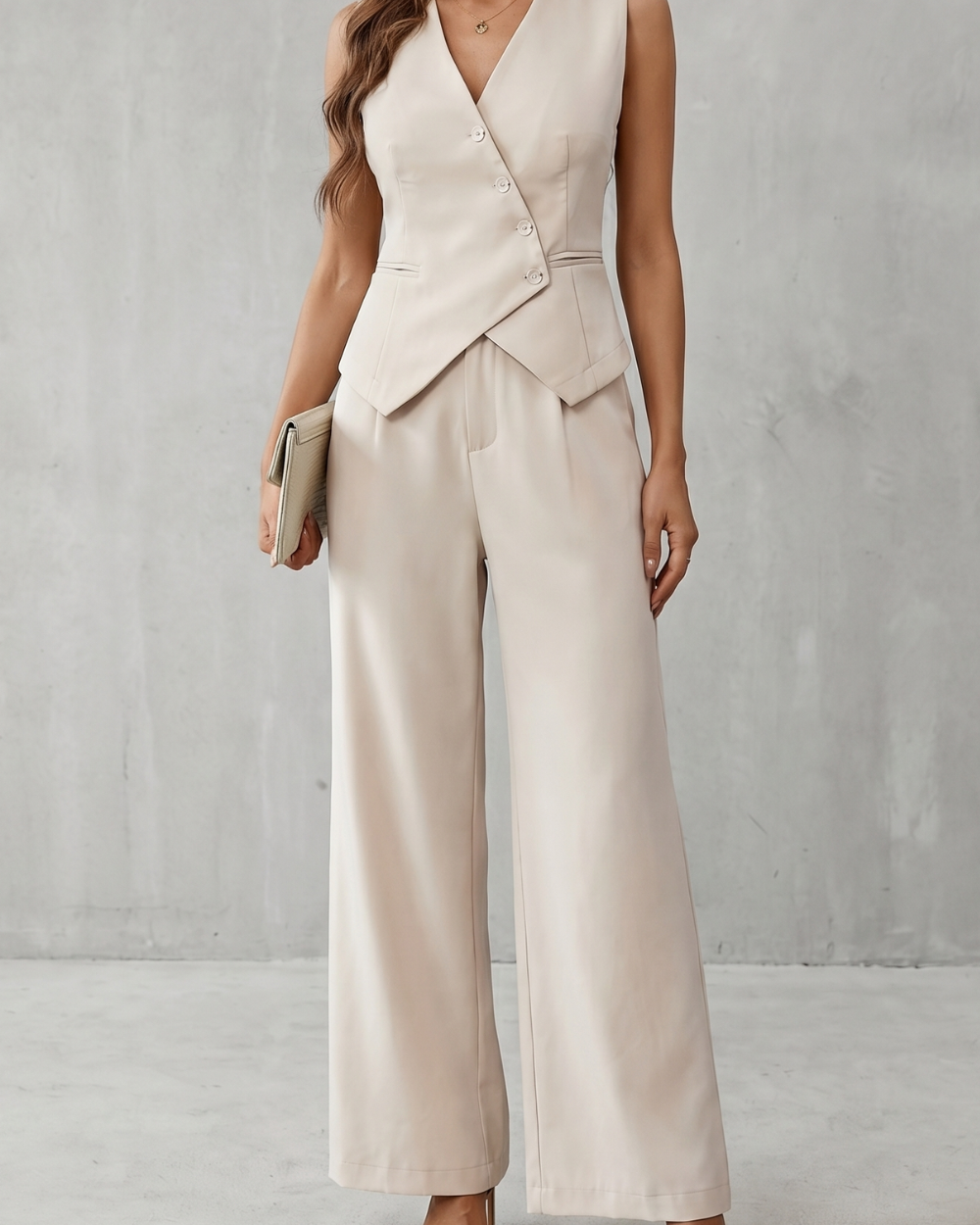 Completo Donna Gilet Scollo a V Bottoni Asimmetrici e Pantaloni