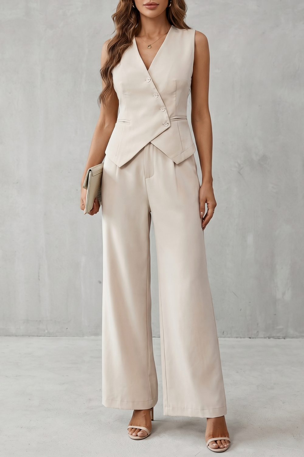 Completo Donna Gilet Scollo a V Bottoni Asimmetrici e Pantaloni