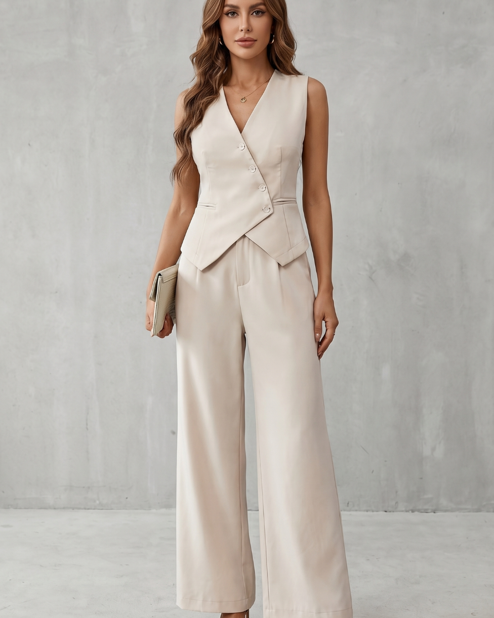 Completo Donna Gilet Scollo a V Bottoni Asimmetrici e Pantaloni