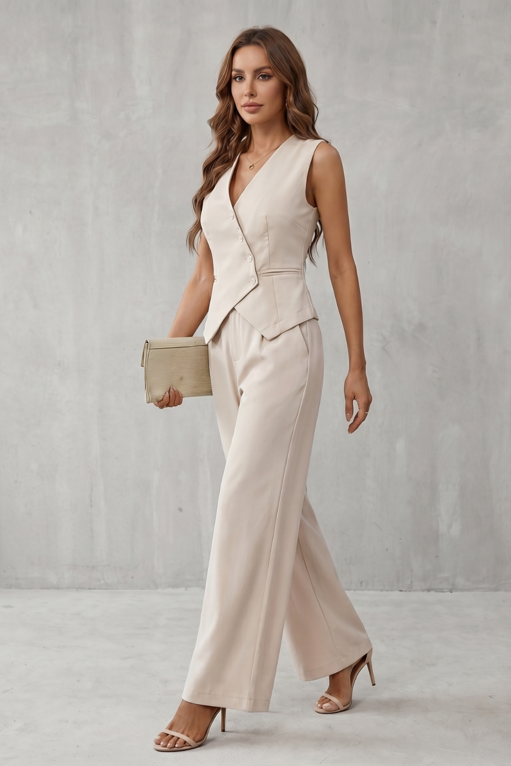 Completo Donna Gilet Scollo a V Bottoni Asimmetrici e Pantaloni