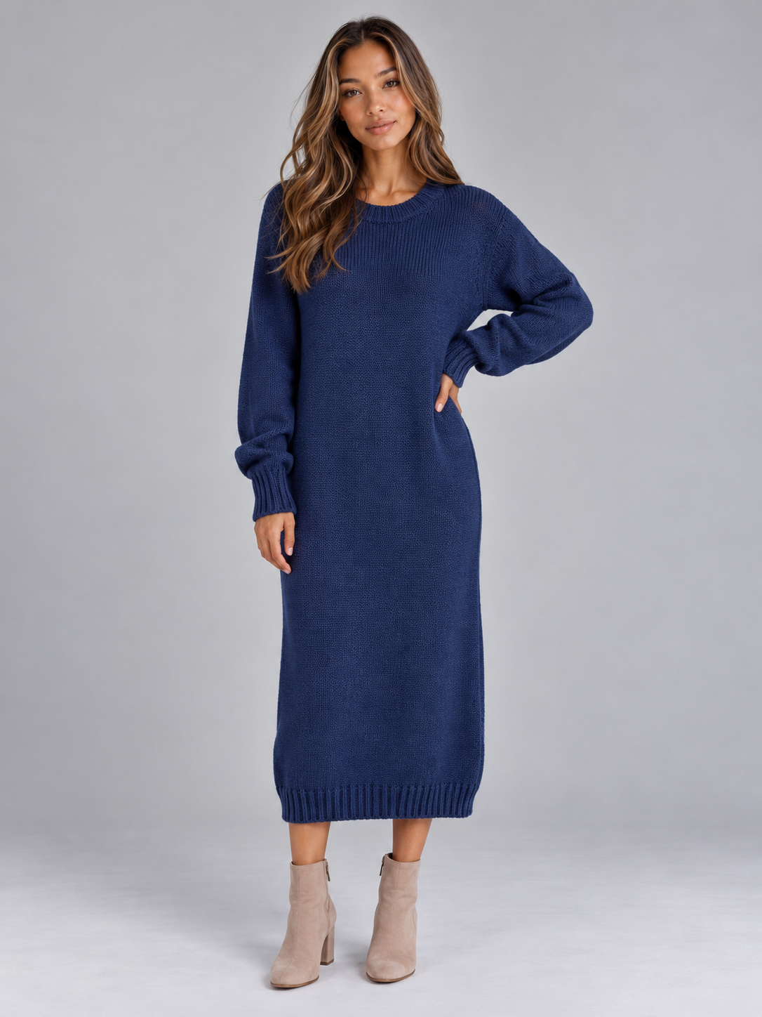 Abito Midi Donna in Maglia Girocollo Rilassato Invernale