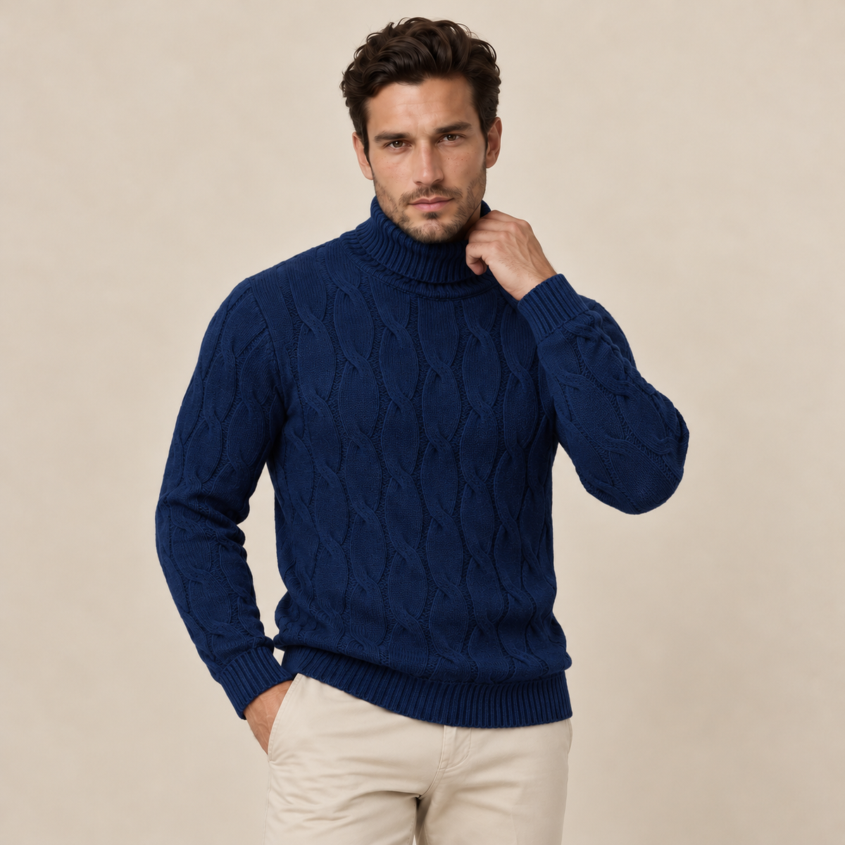 Maglione Uomo a Trecce Collo Alto in Maglia Classico Caldo