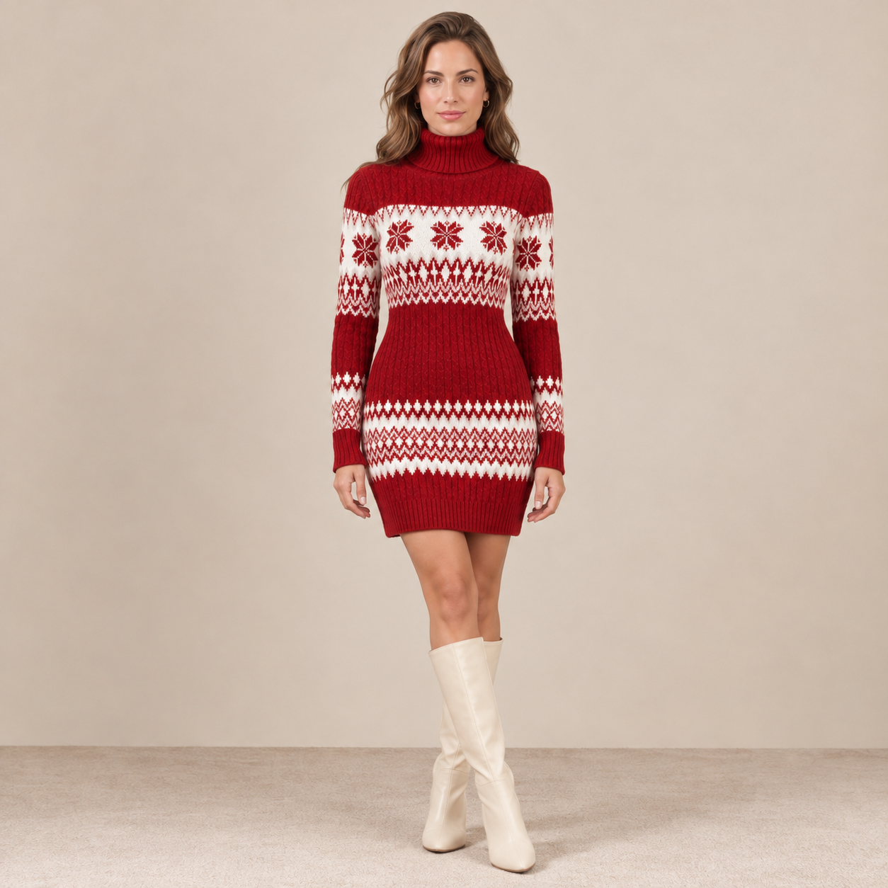 Abito Donna Natalizio in Maglia Fair Isle Caldo Rosso