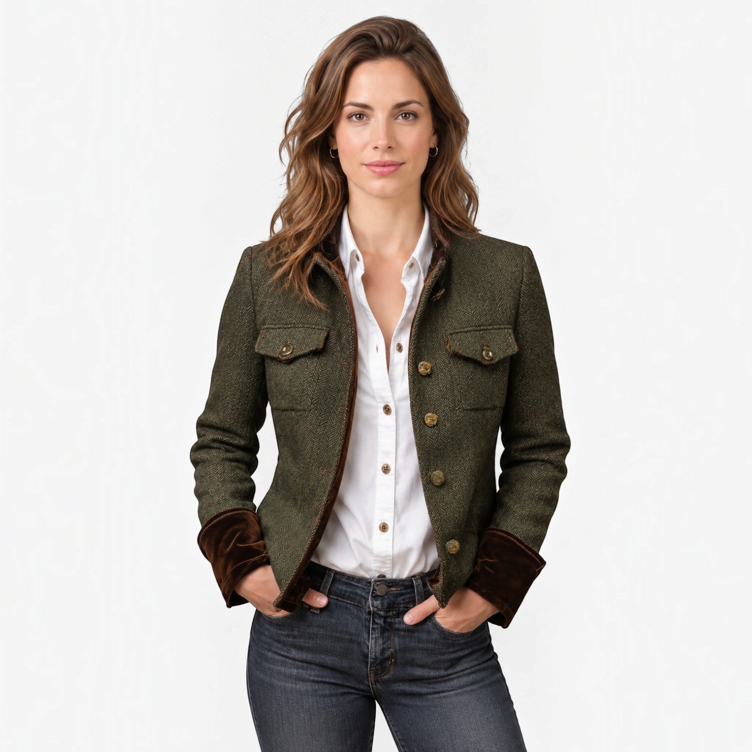 Giacca Donna Trapuntata in Tweed Spigato Bottoni Oro Polsini Velluto