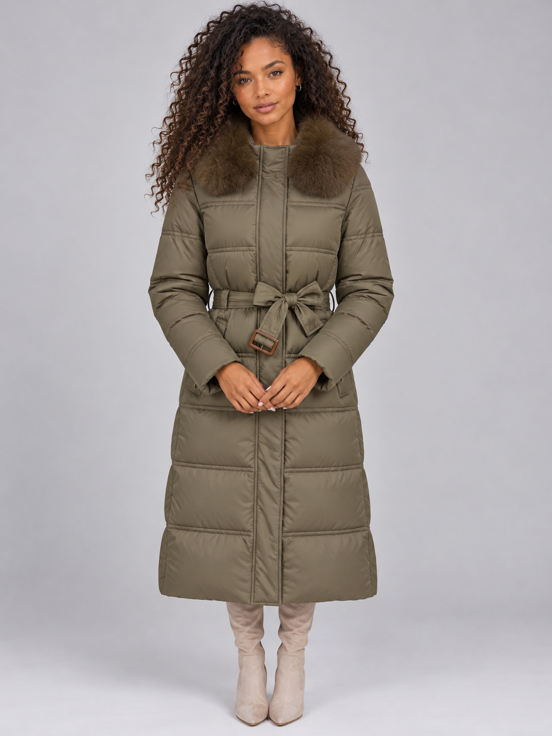Cappotto Donna Imbottito Lungo Cappuccio Pelliccia Sintetica Cintura