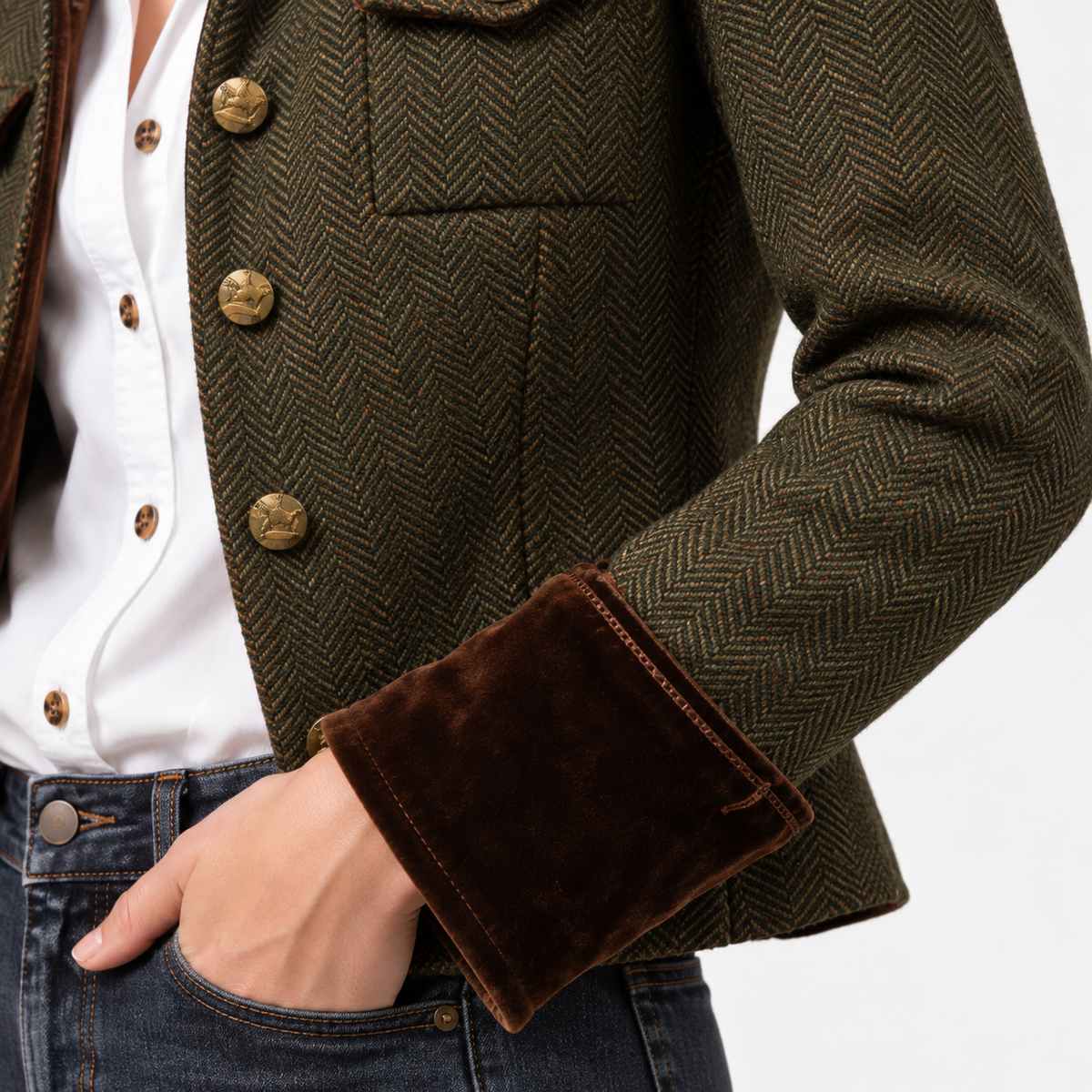 Giacca Donna Trapuntata in Tweed Spigato Bottoni Oro Polsini Velluto
