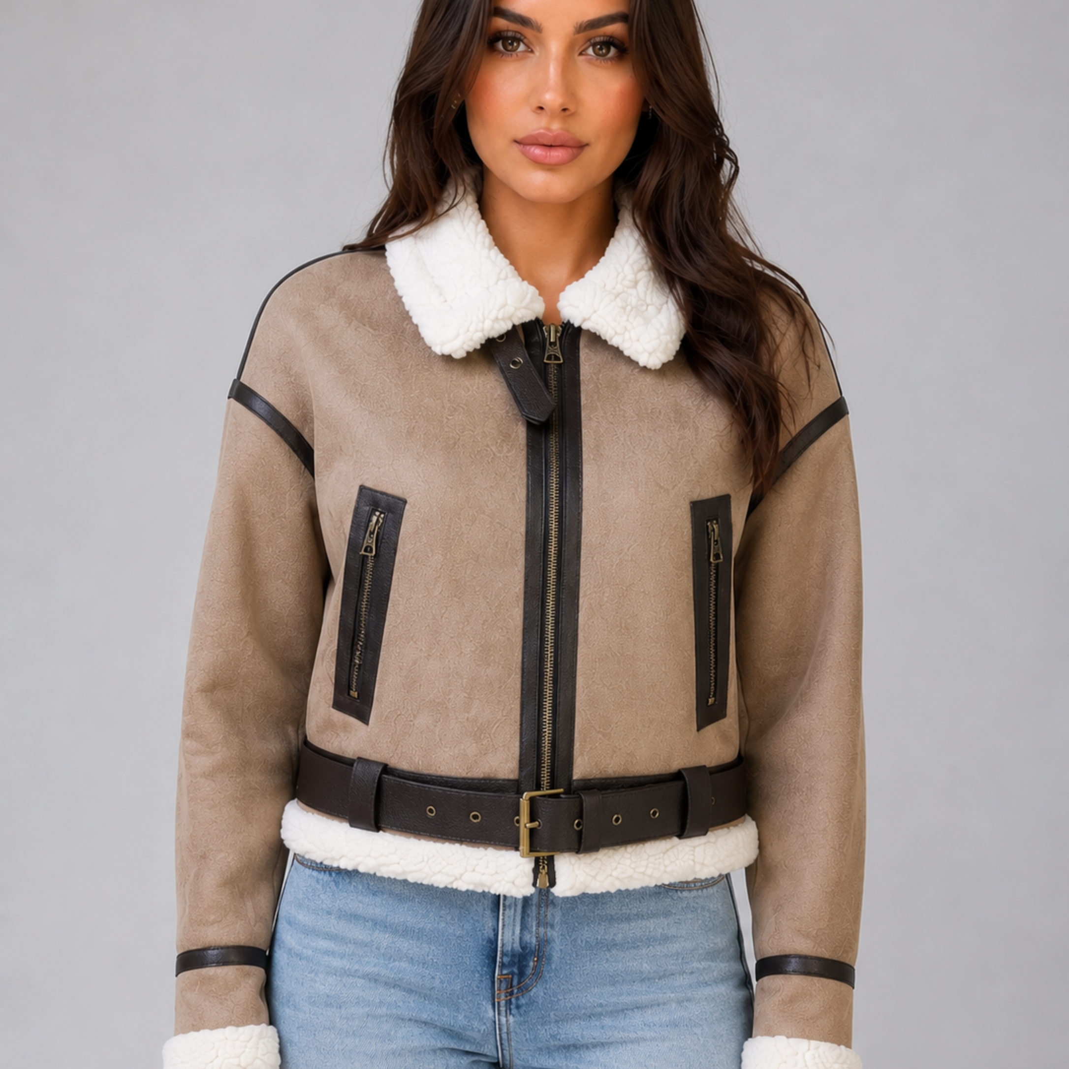Giacca Aviator Donna Corta Effetto Camoscio con Teddy