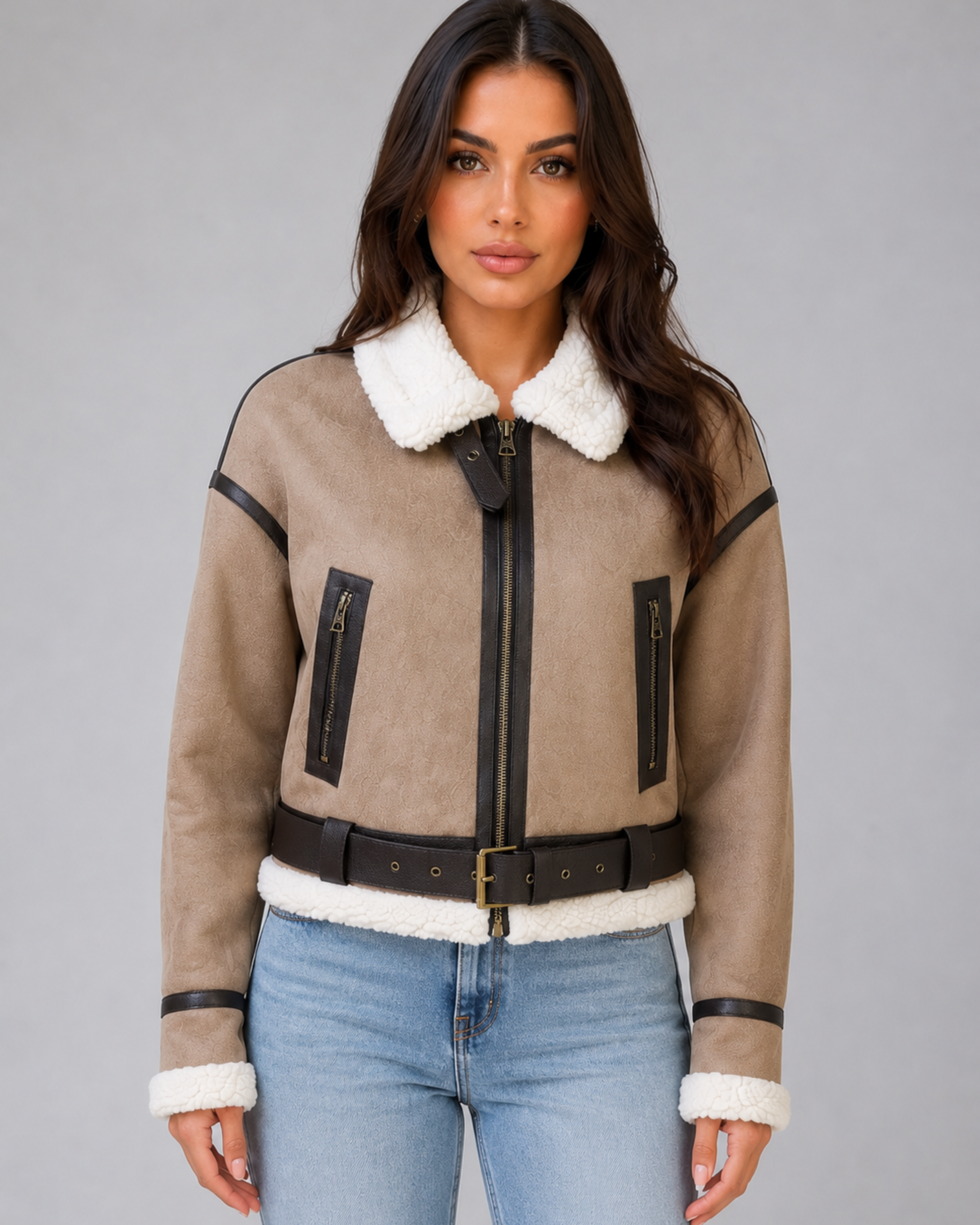 Giacca Aviator Donna Corta Effetto Camoscio con Teddy