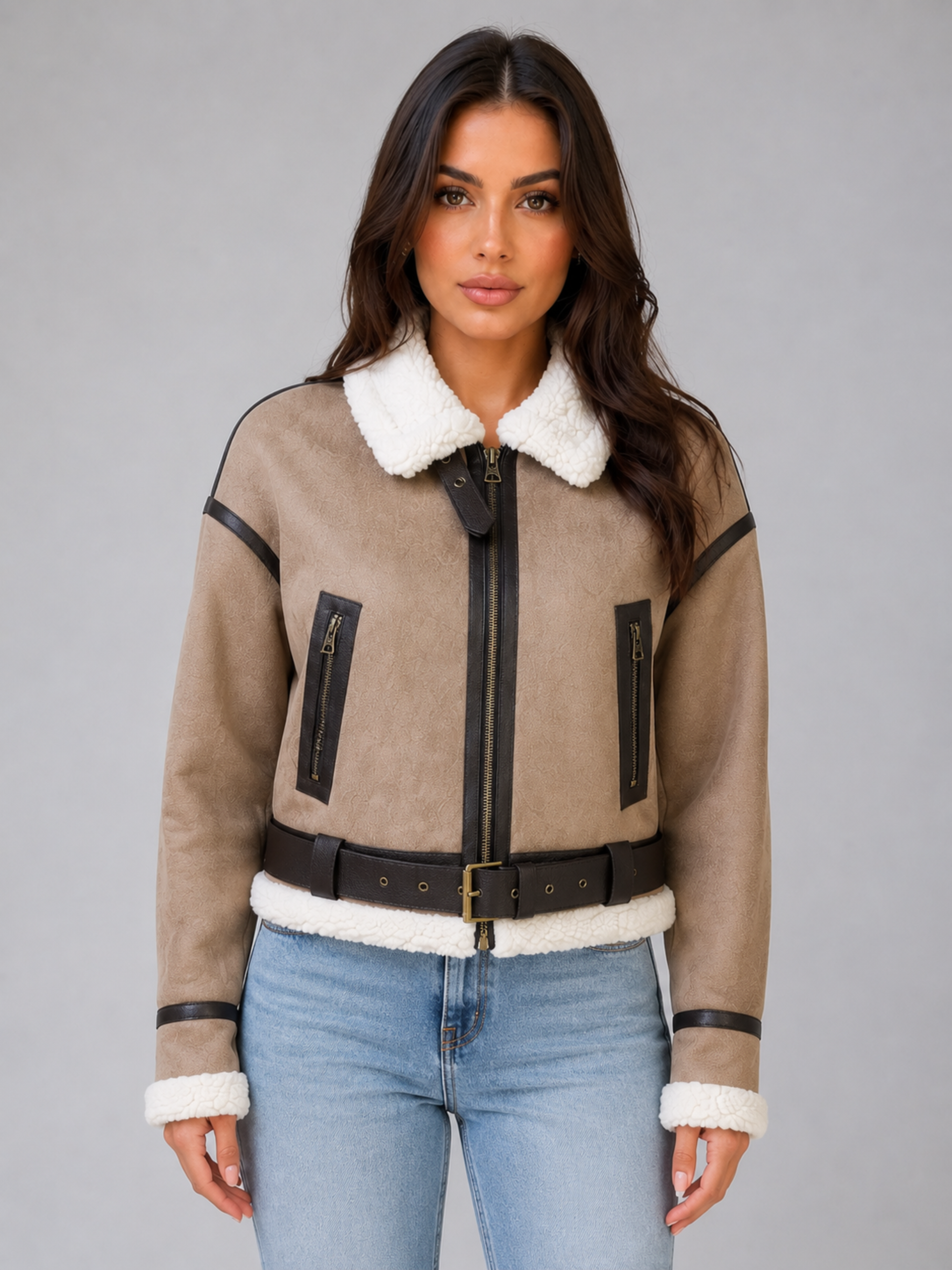 Giacca Aviator Donna Corta Effetto Camoscio con Teddy
