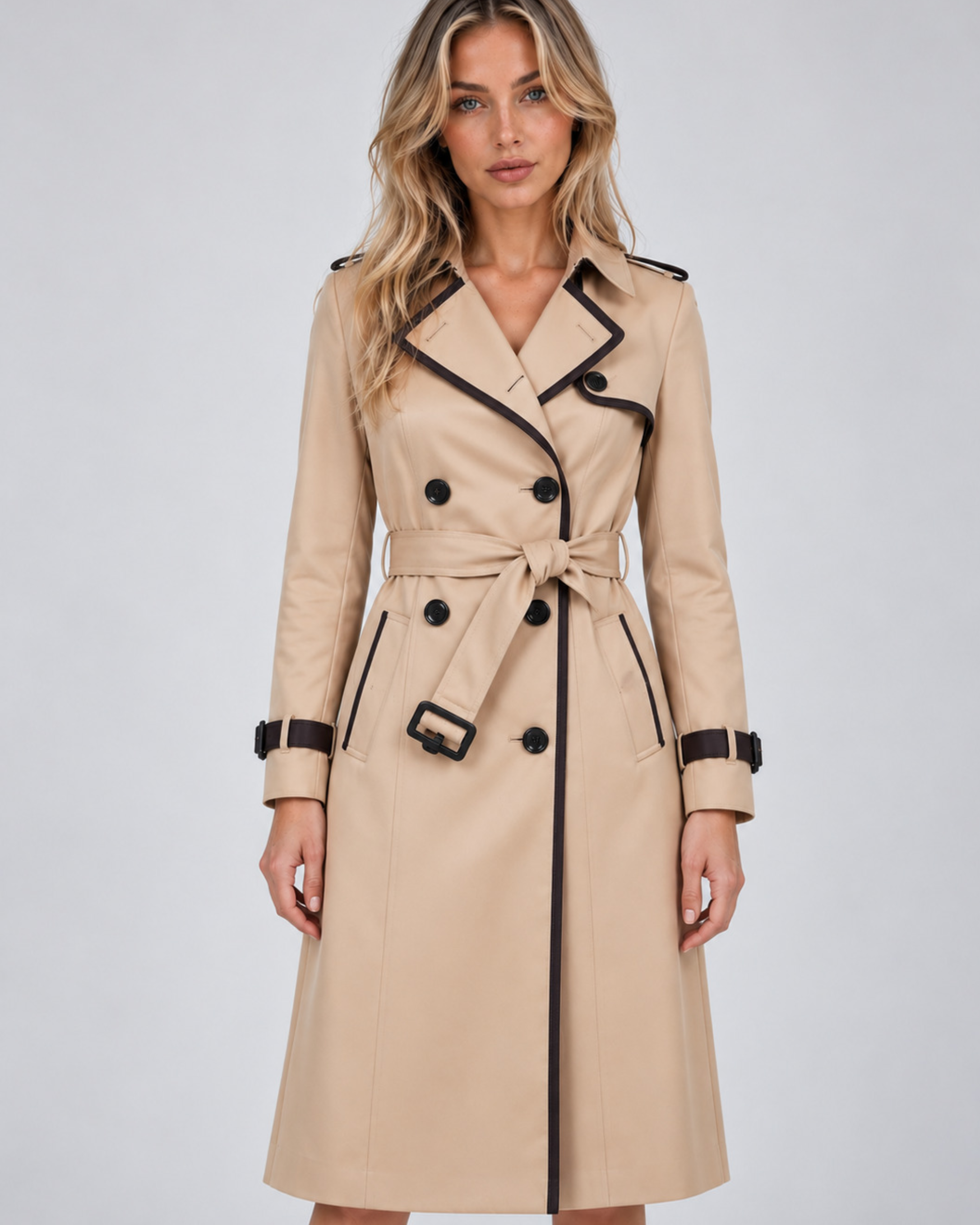 Trench Donna Lungo Doppiopetto Beige con Cintura