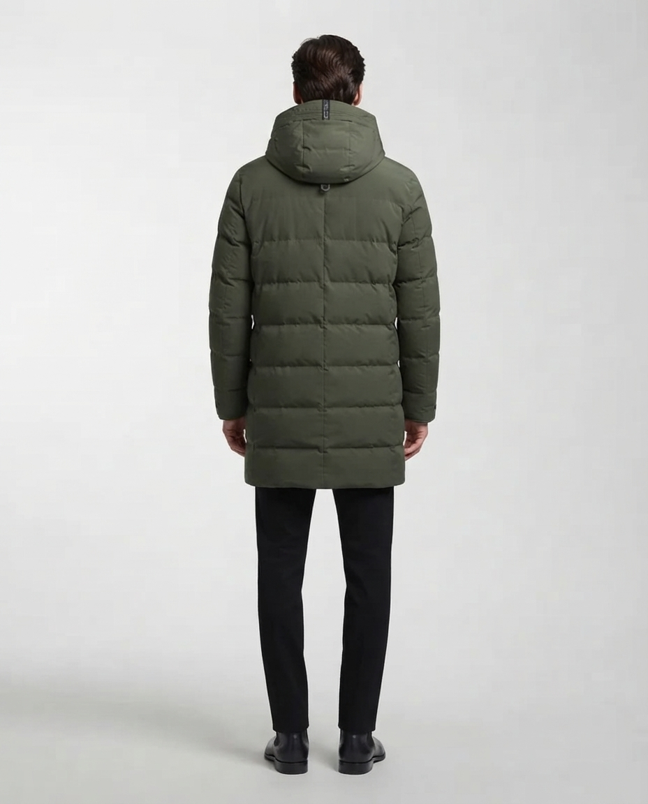 Parka Uomo Lungo Trapuntato Cappuccio Coulisse Bottoni a Pressione