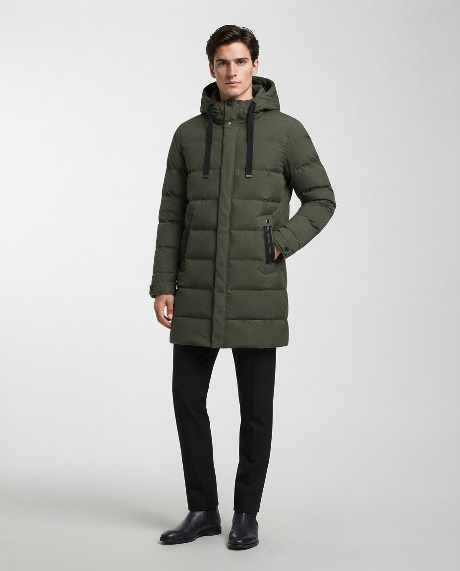 Parka Uomo Lungo Trapuntato Cappuccio Coulisse Bottoni a Pressione