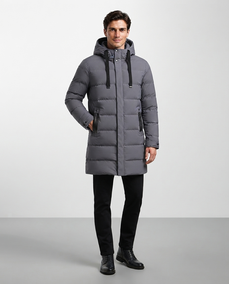 Parka Uomo Lungo Trapuntato Cappuccio Coulisse Bottoni a Pressione
