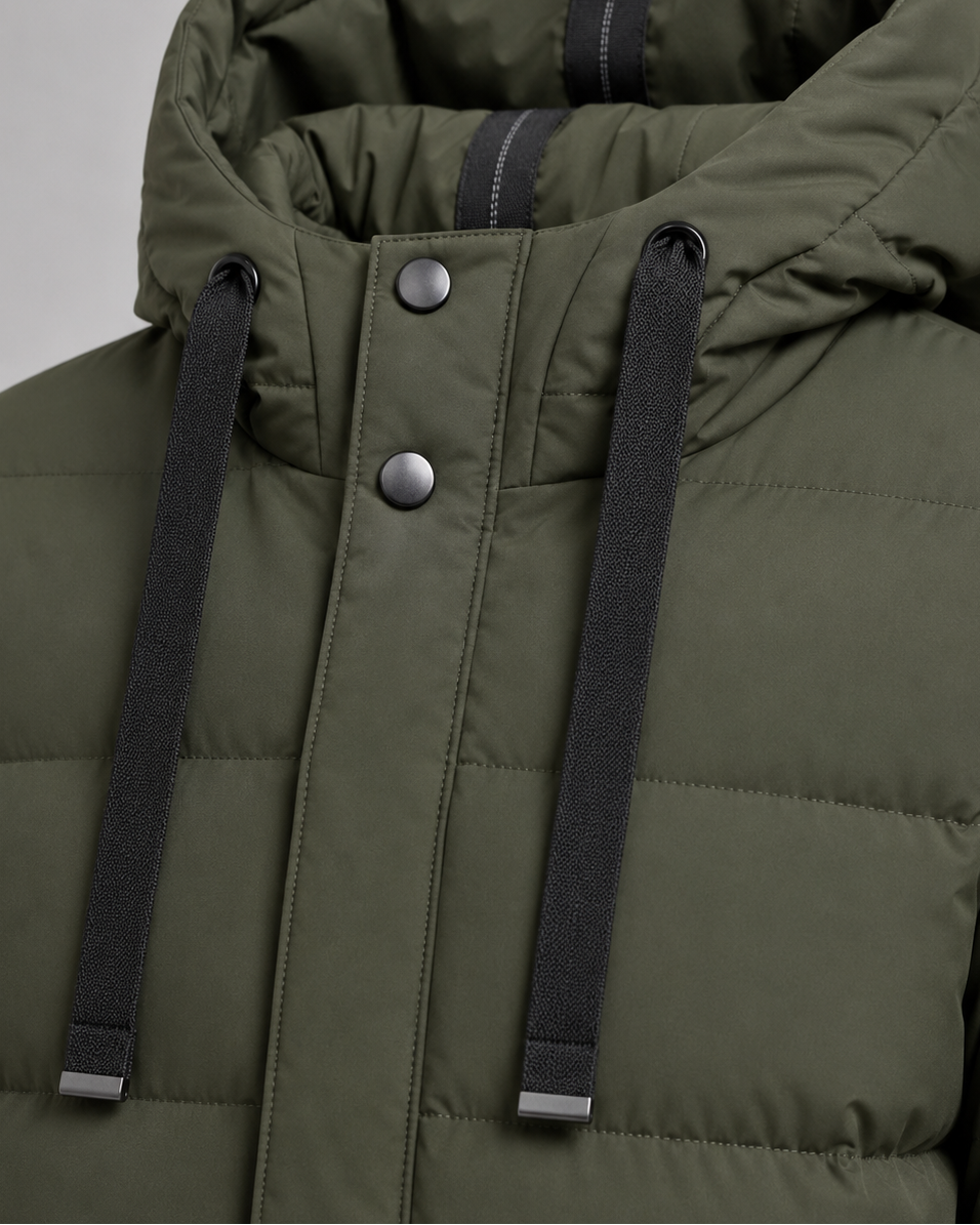 Parka Uomo Lungo Trapuntato Cappuccio Coulisse Bottoni a Pressione