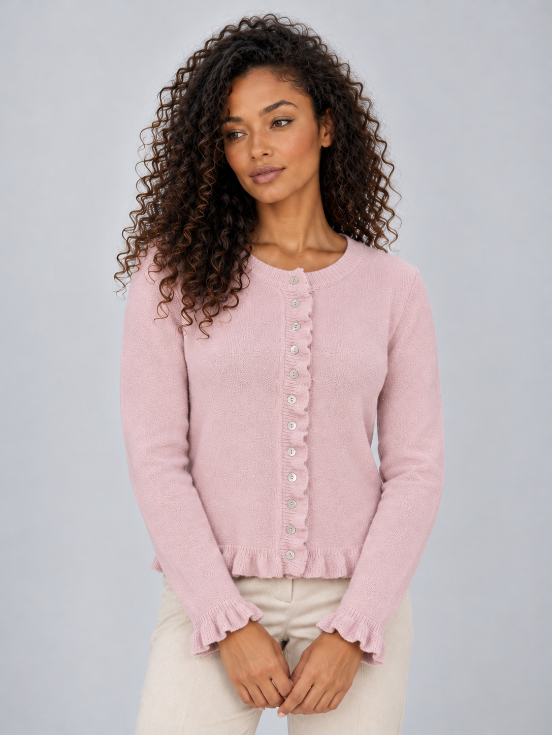 Cardigan Donna con Bottoni Girocollo e Orlo con Volant