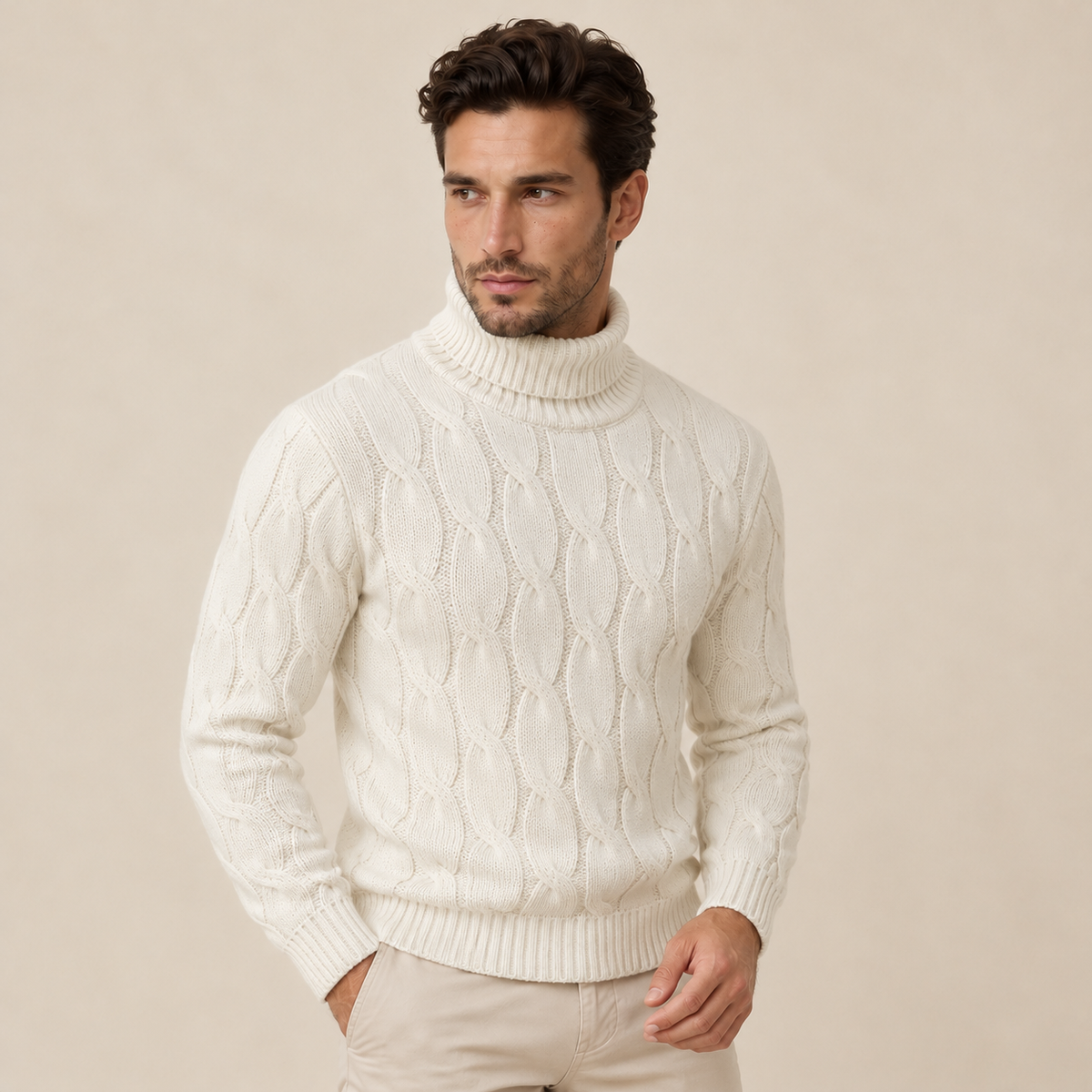 Maglione Uomo a Trecce Collo Alto in Maglia Classico Caldo