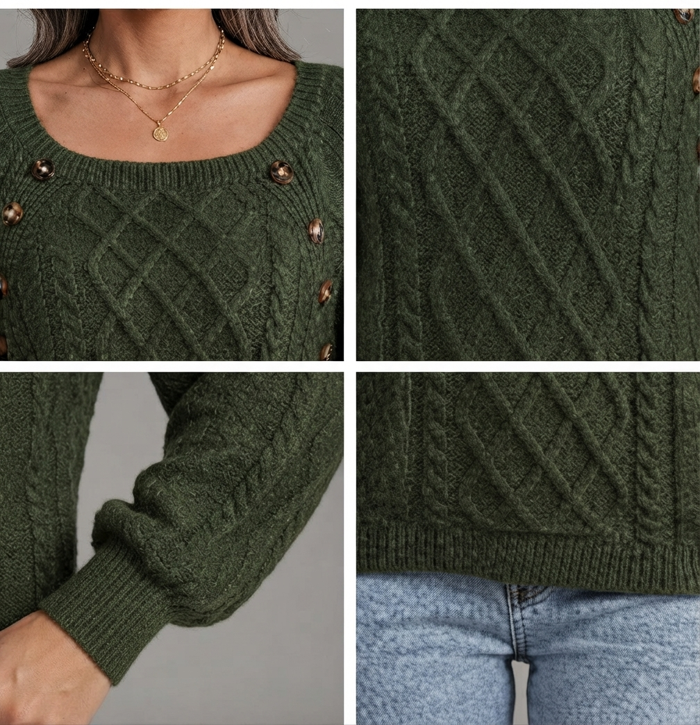 Maglione Donna in Maglia Testurizzata Scollo Quadrato Ampio Trecce