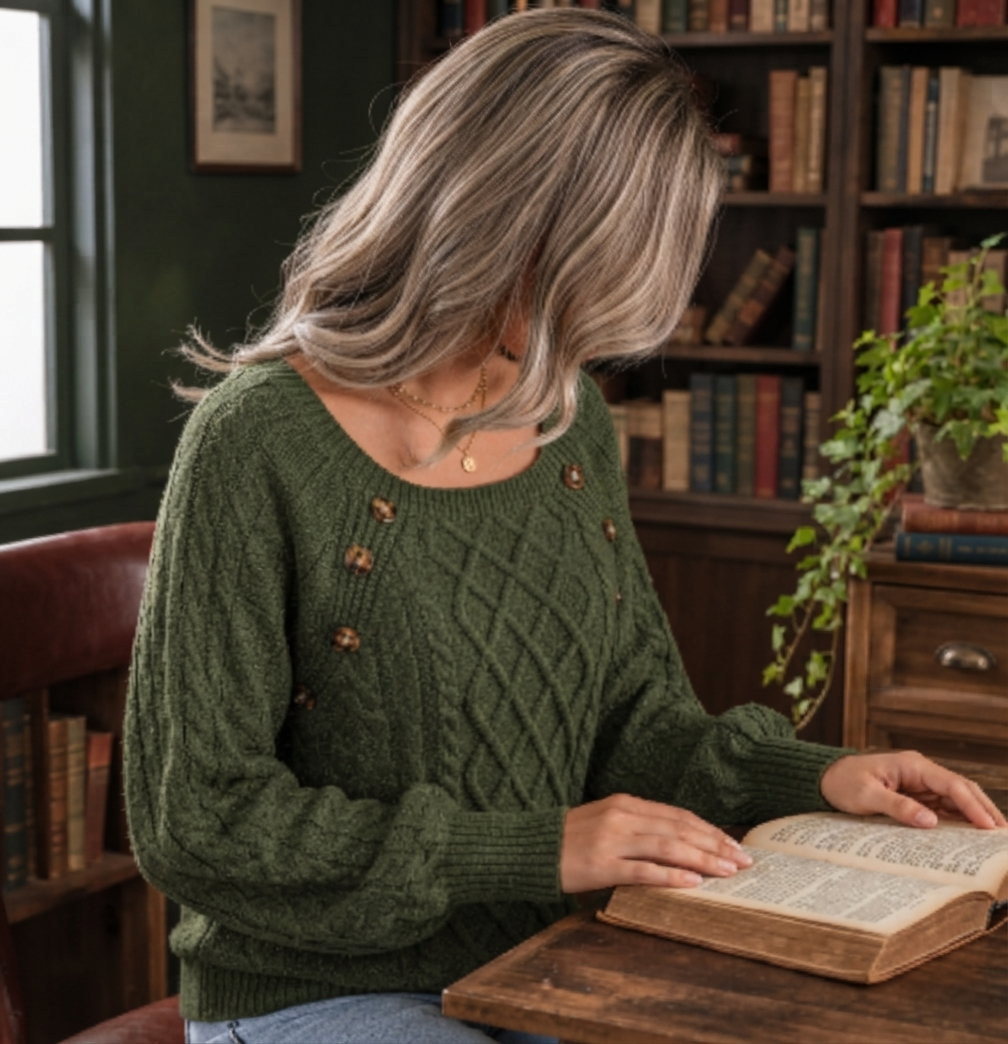 Maglione Donna in Maglia Testurizzata Scollo Quadrato Ampio Trecce