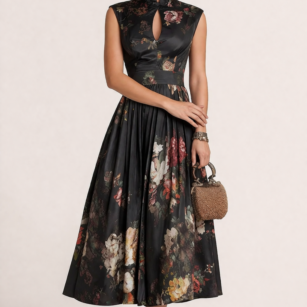 Abito Midi Donna Floreale Collo Alto Gonna Ampia Elegante