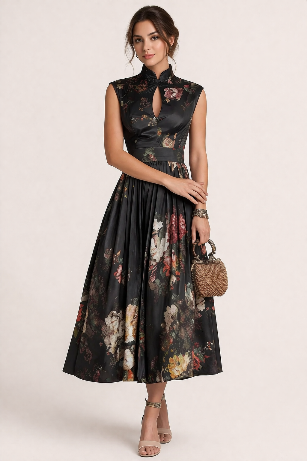 Abito Midi Donna Floreale Collo Alto Gonna Ampia Elegante