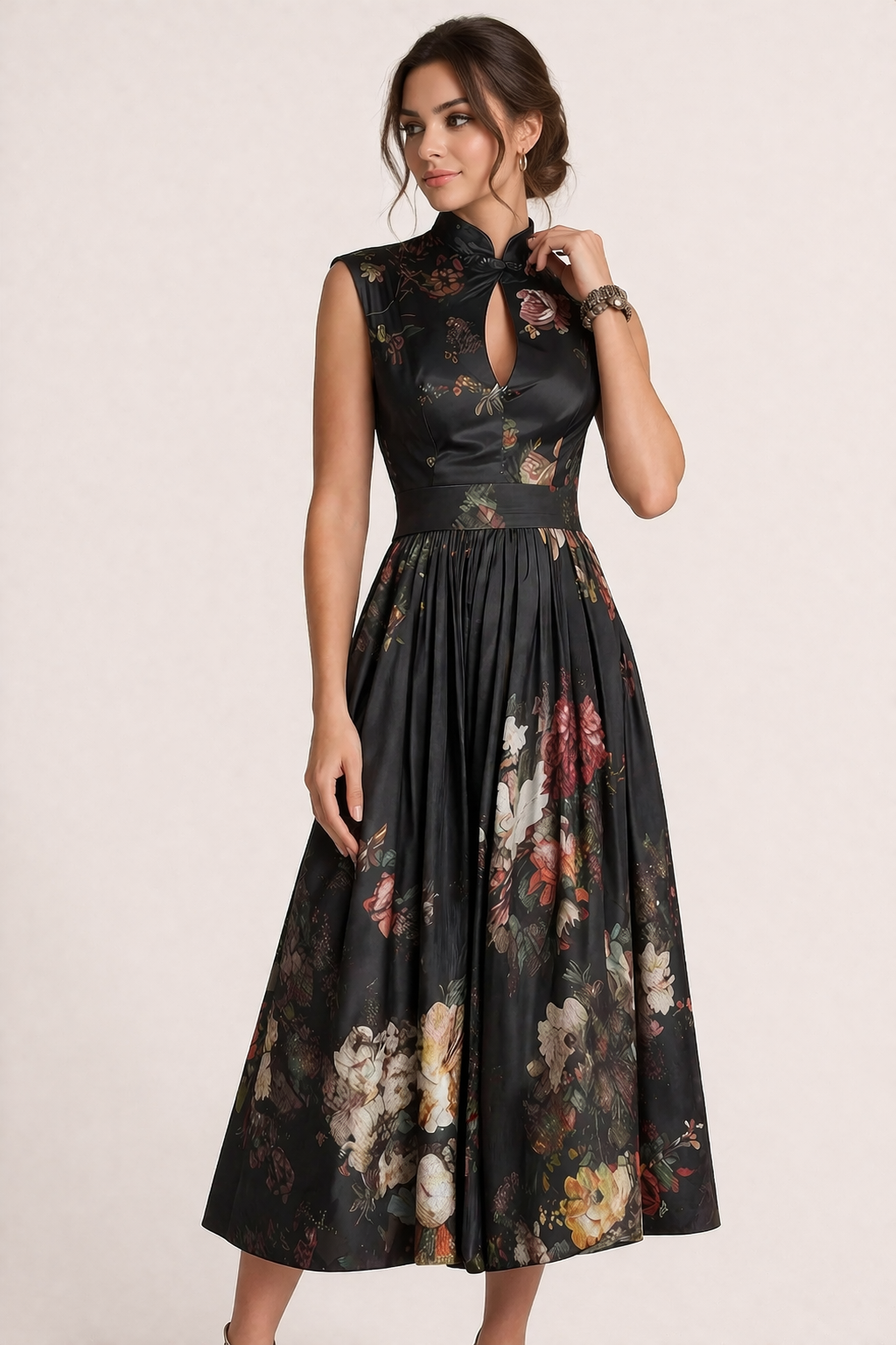 Abito Midi Donna Floreale Collo Alto Gonna Ampia Elegante