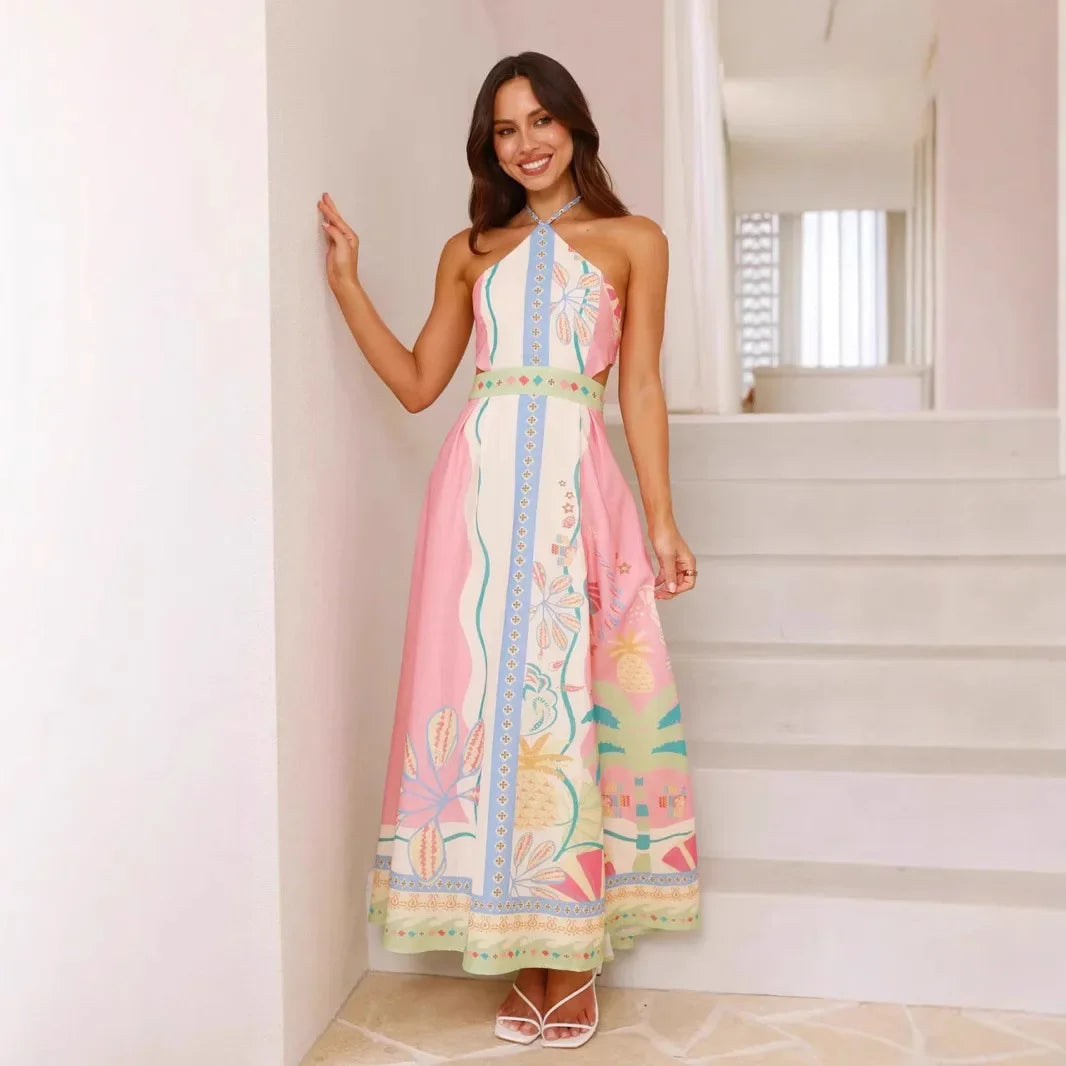 Aurazio Abito Lungo Stampato con Scollo a Halter per Donna