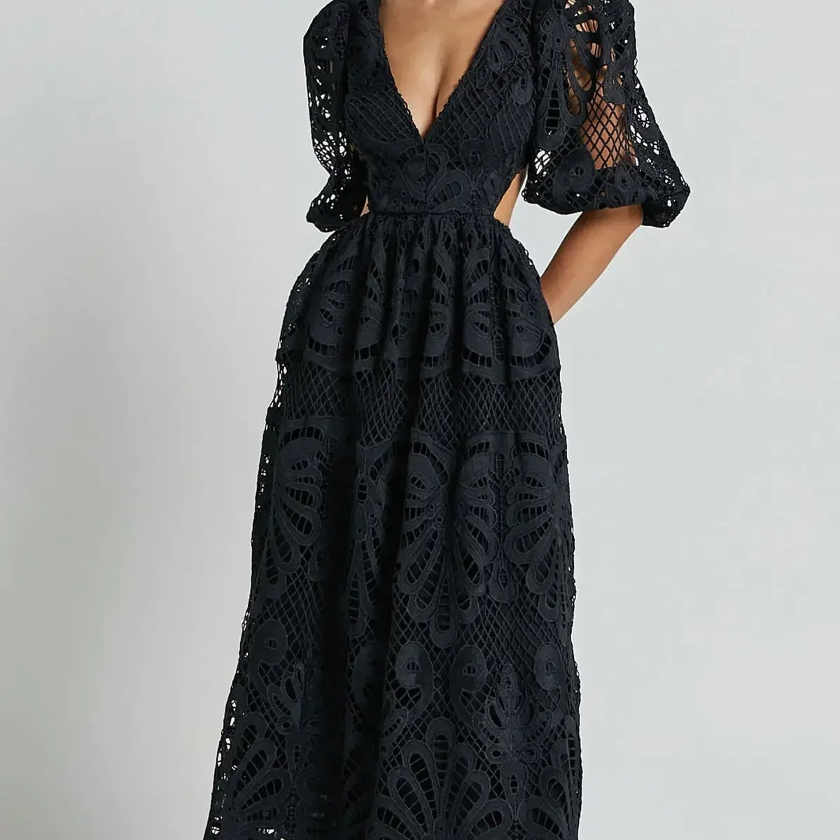 Abito Lungo Donna in Pizzo Cerimonia Elegante Traforato