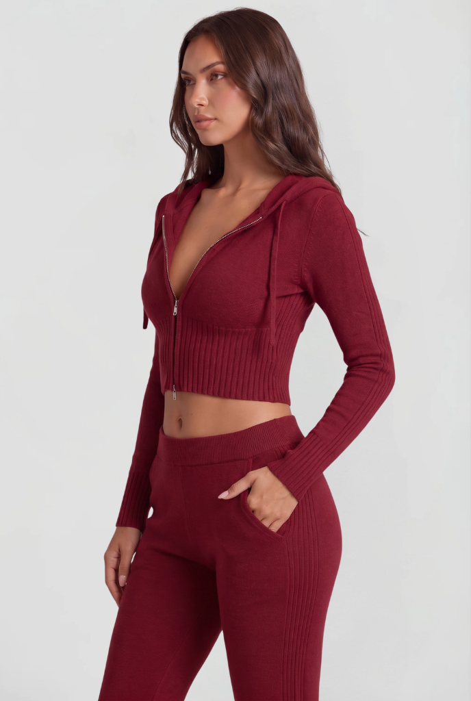 Completo Donna in Maglia Felpa con Zip Corta e Pantaloni Zampa