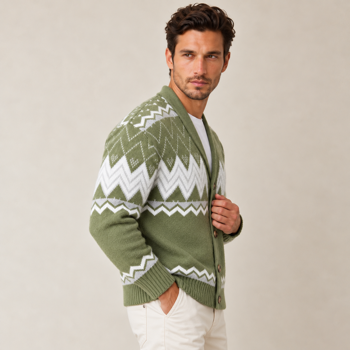 Cardigan Uomo Fantasia con Collo a Scialle in Maglia Elegante