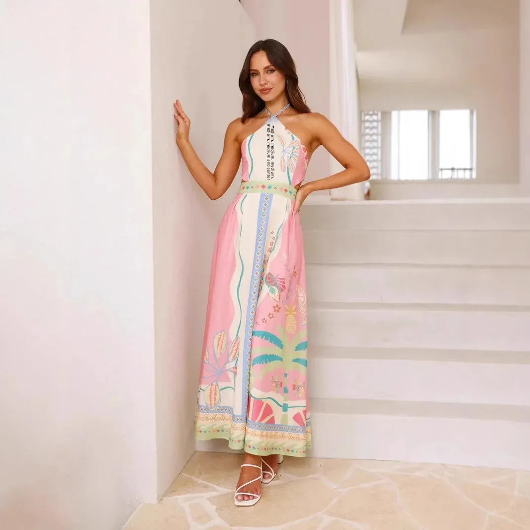 Aurazio Abito Lungo Stampato con Scollo a Halter per Donna