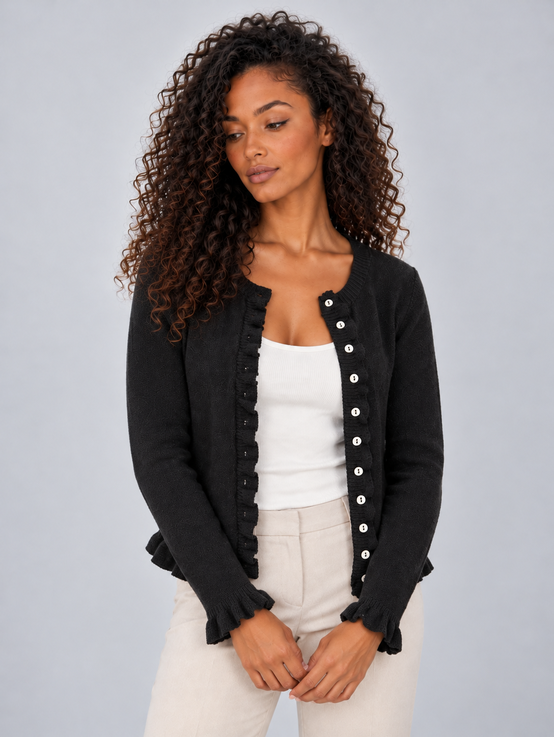 Cardigan Donna con Bottoni Girocollo e Orlo con Volant