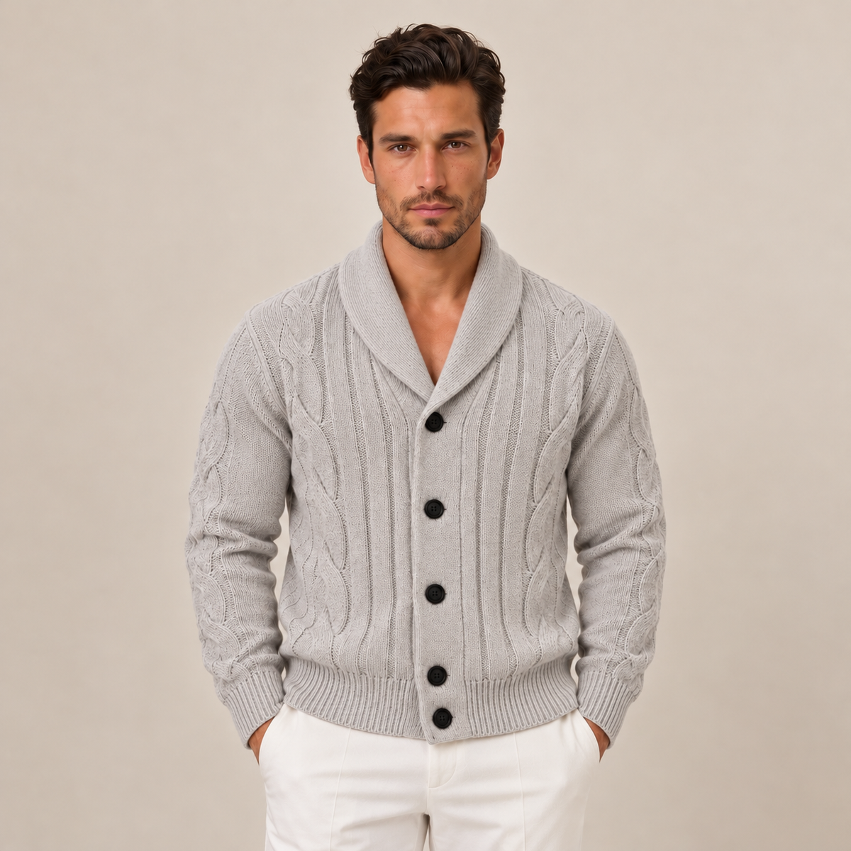 Cardigan Uomo a Trecce con Bottoni in Maglia Classico