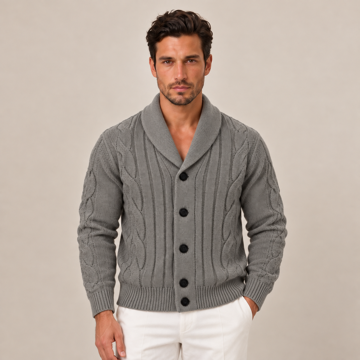 Cardigan Uomo a Trecce con Bottoni in Maglia Classico