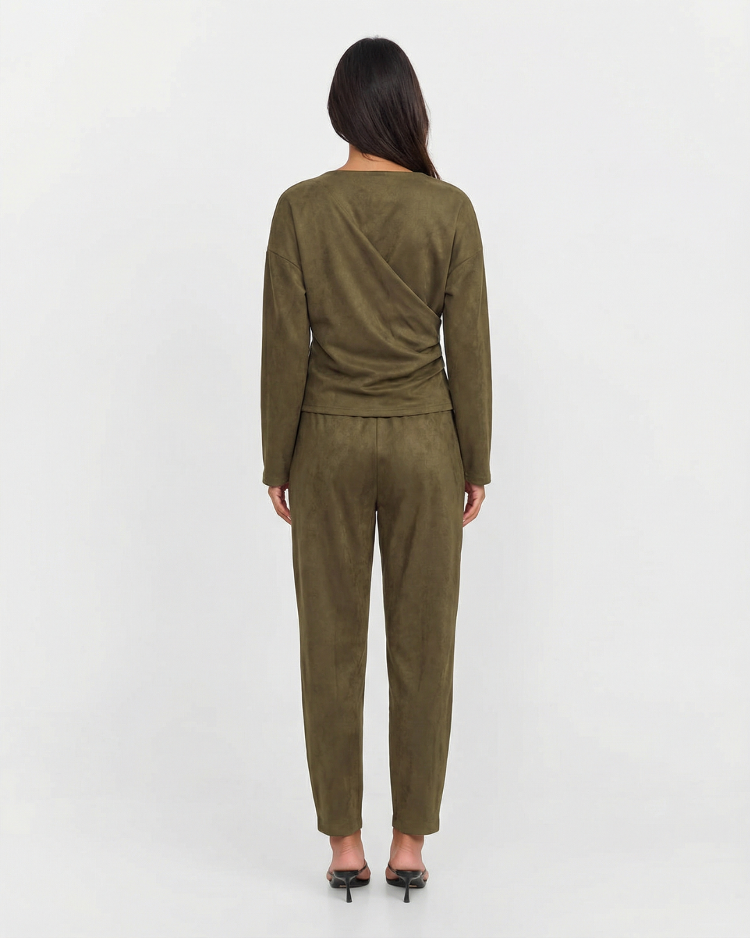 Completo Donna Top Drappeggiato e Pantaloni Affusolati con Cintura