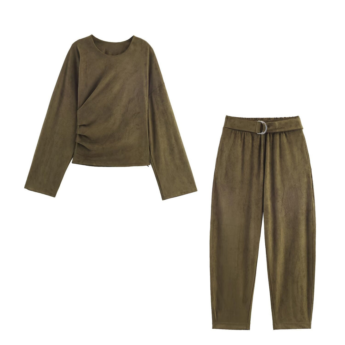Completo Donna Top Drappeggiato e Pantaloni Affusolati con Cintura