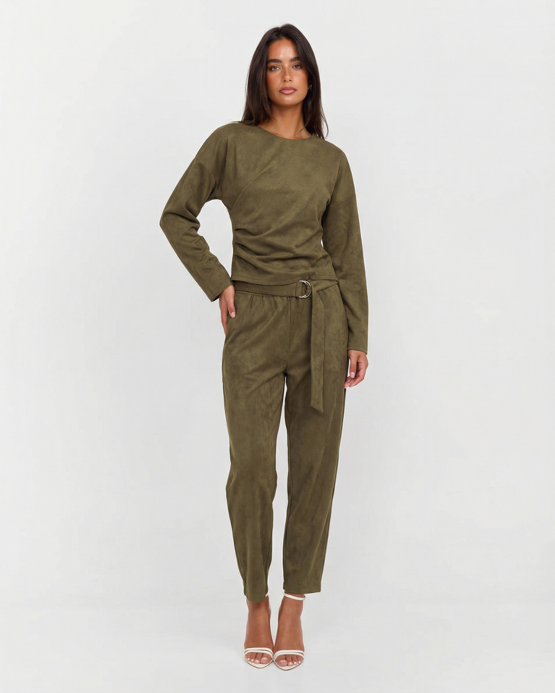 Completo Donna Top Drappeggiato e Pantaloni Affusolati con Cintura