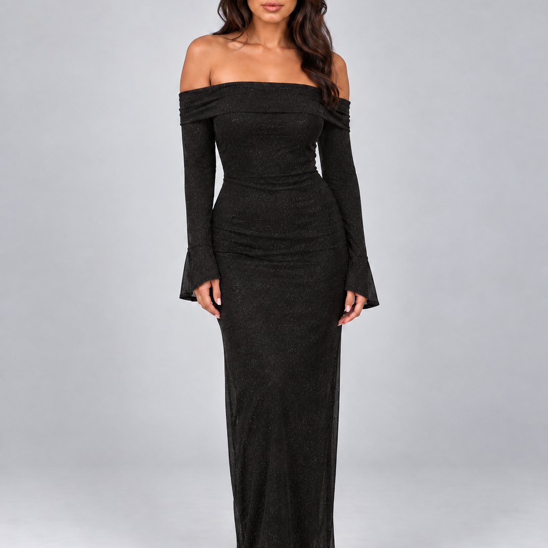 Abito Lungo Donna Glitter Spalle Scoperte da Sera Aderente