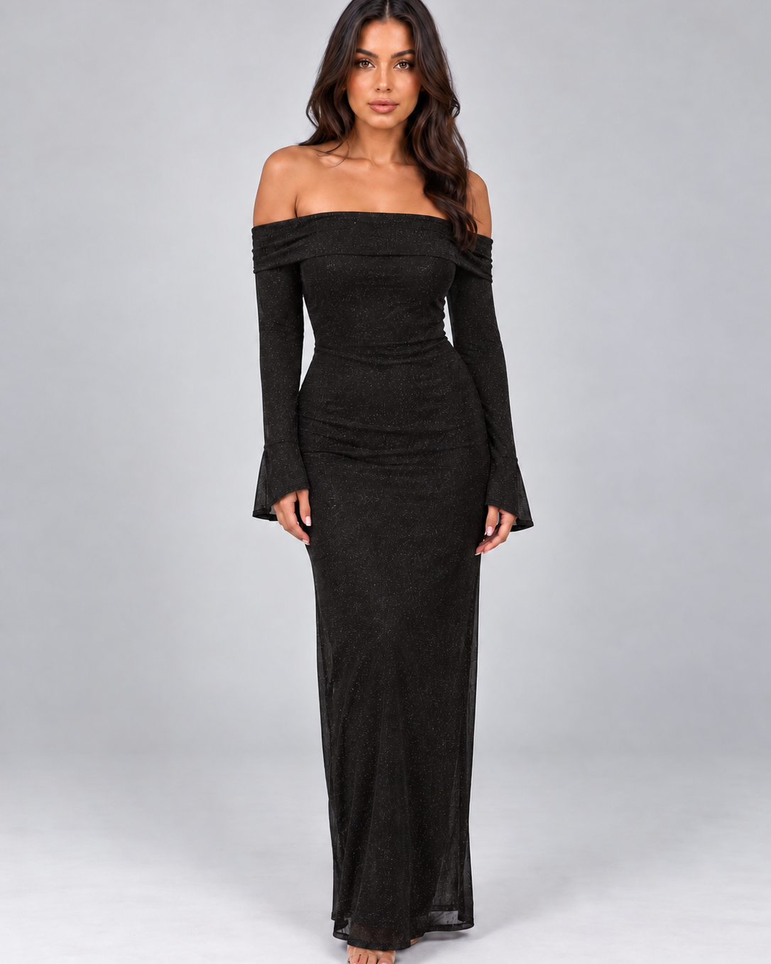 Abito Lungo Donna Glitter Spalle Scoperte da Sera Aderente