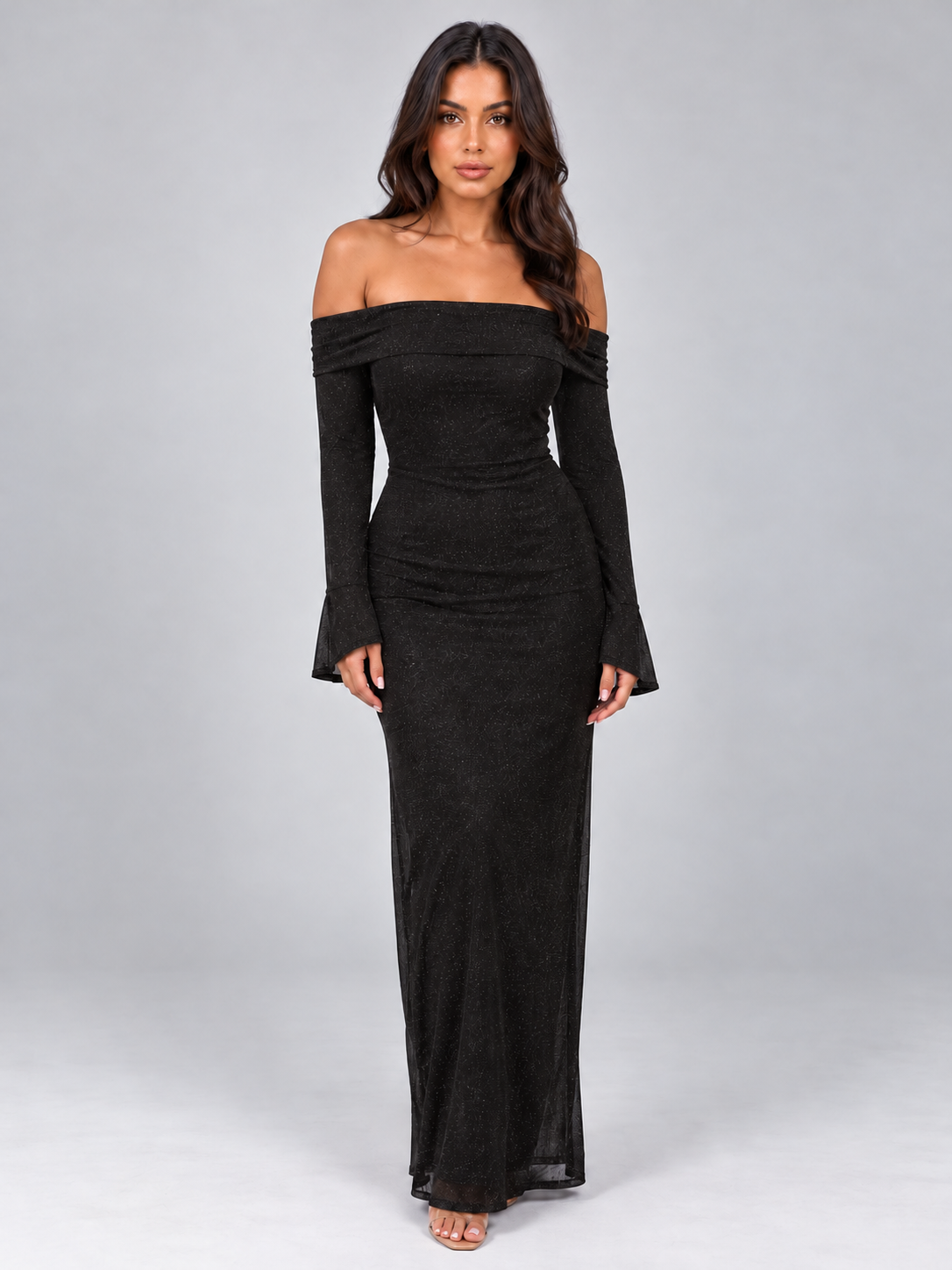 Abito Lungo Donna Glitter Spalle Scoperte da Sera Aderente