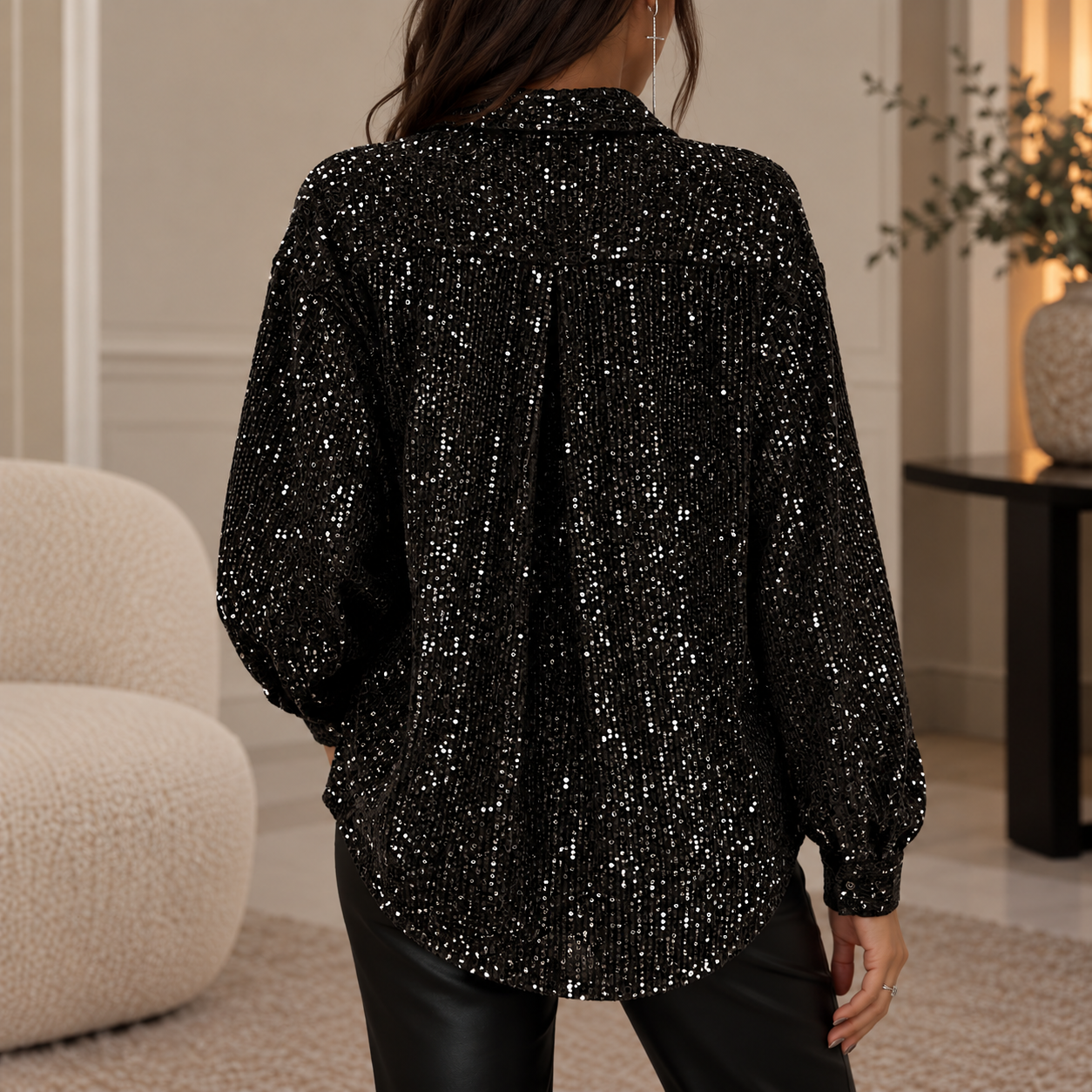 Camicia Donna in Paillettes Oversize Maniche Lunghe da Sera Festa