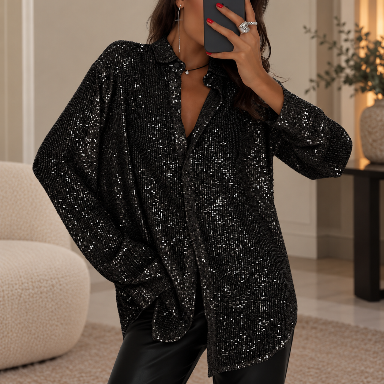 Camicia Donna in Paillettes Oversize Maniche Lunghe da Sera Festa