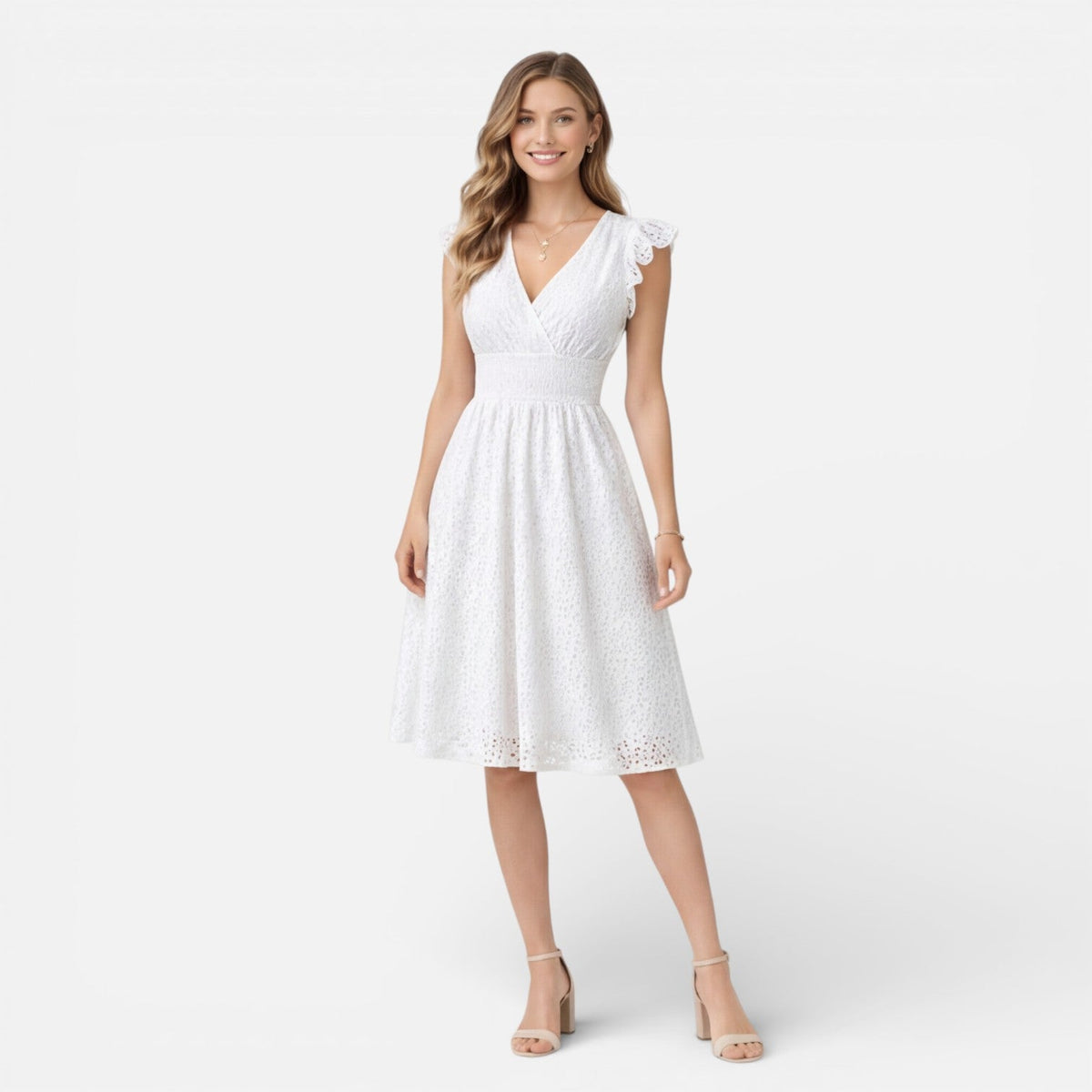 Abito Midi Donna in Cotone e Pizzo Cerimonia Estivo