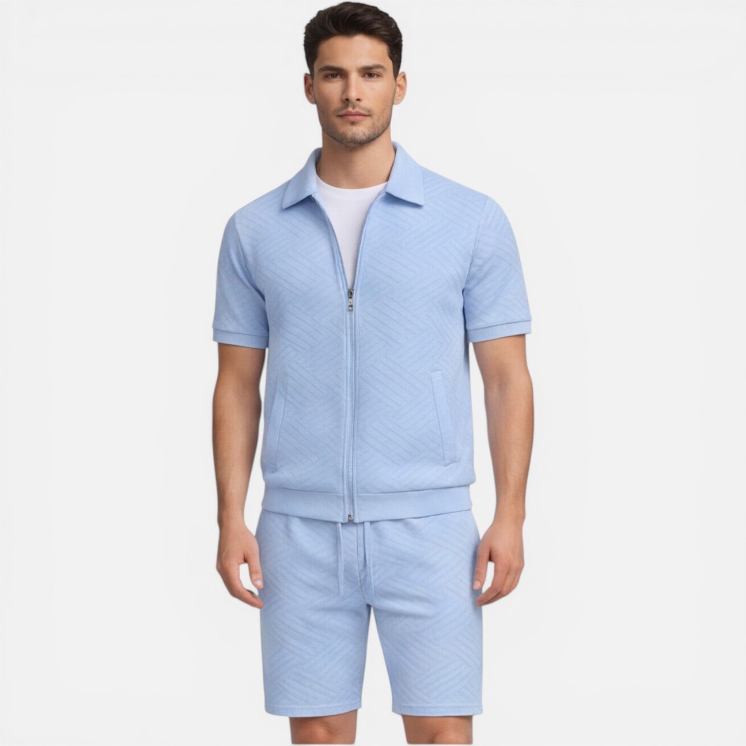 Completo Uomo Estivo Camicia Zip e Shorts Slim Fit