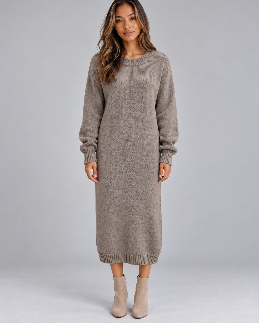 Abito Midi Donna in Maglia Girocollo Rilassato Invernale