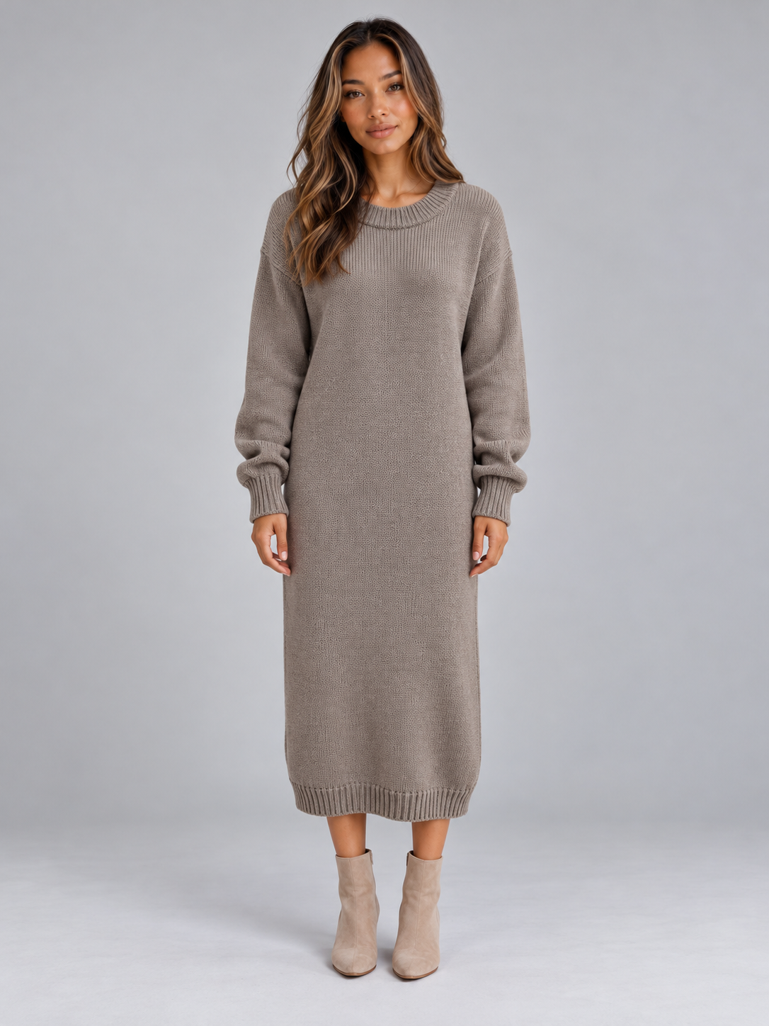 Abito Midi Donna in Maglia Girocollo Rilassato Invernale