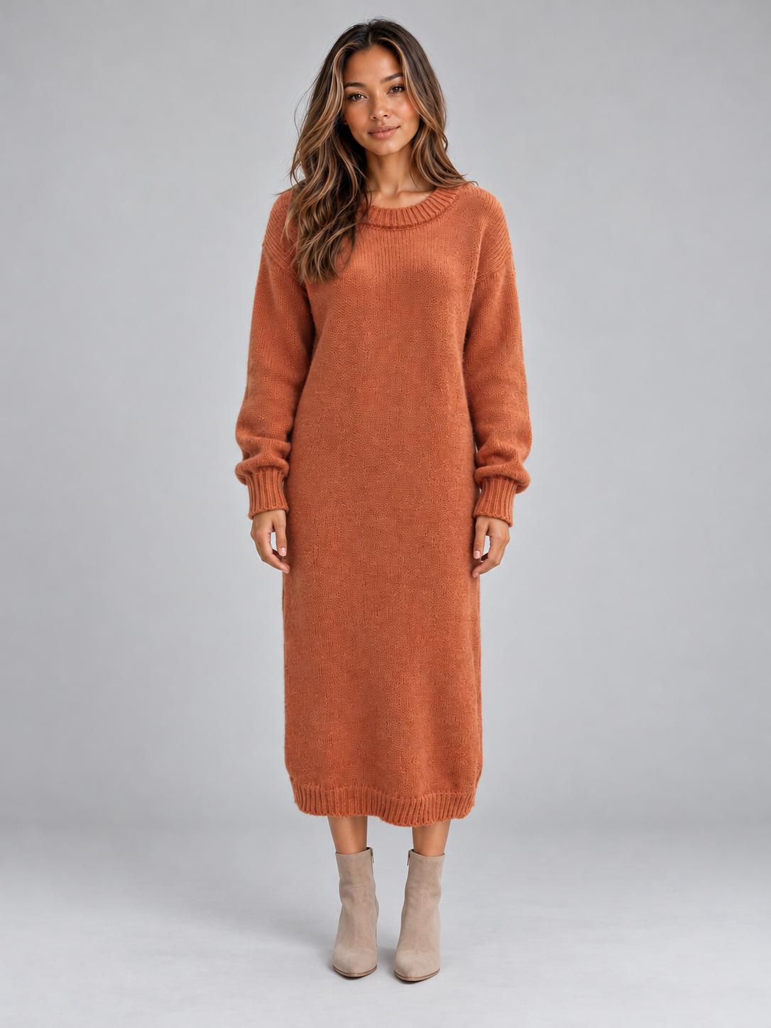 Abito Midi Donna in Maglia Girocollo Rilassato Invernale