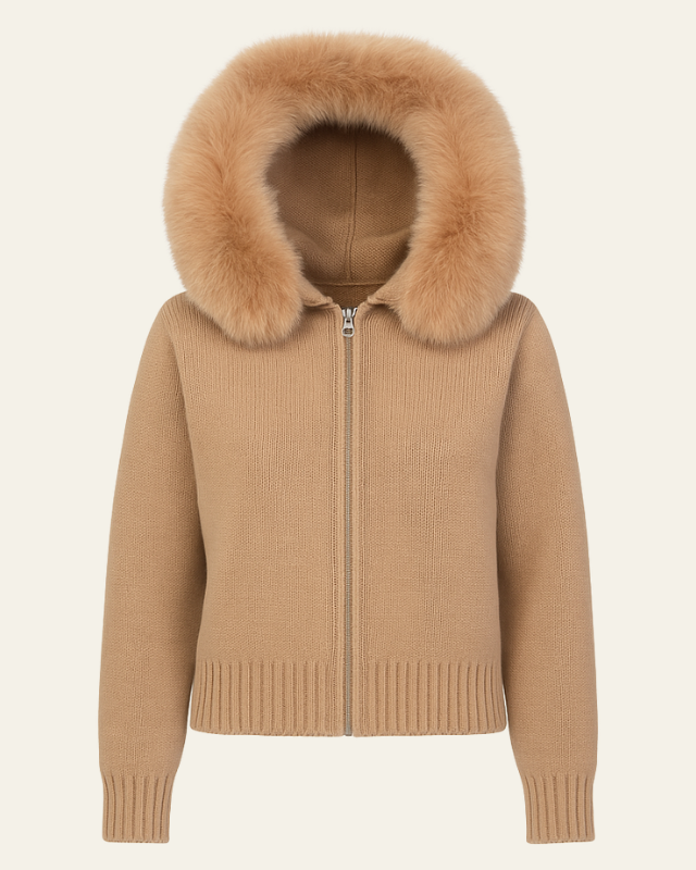 Gilet Donna in Maglia di Lana Cappuccio Bordo Pelliccia Sintetica