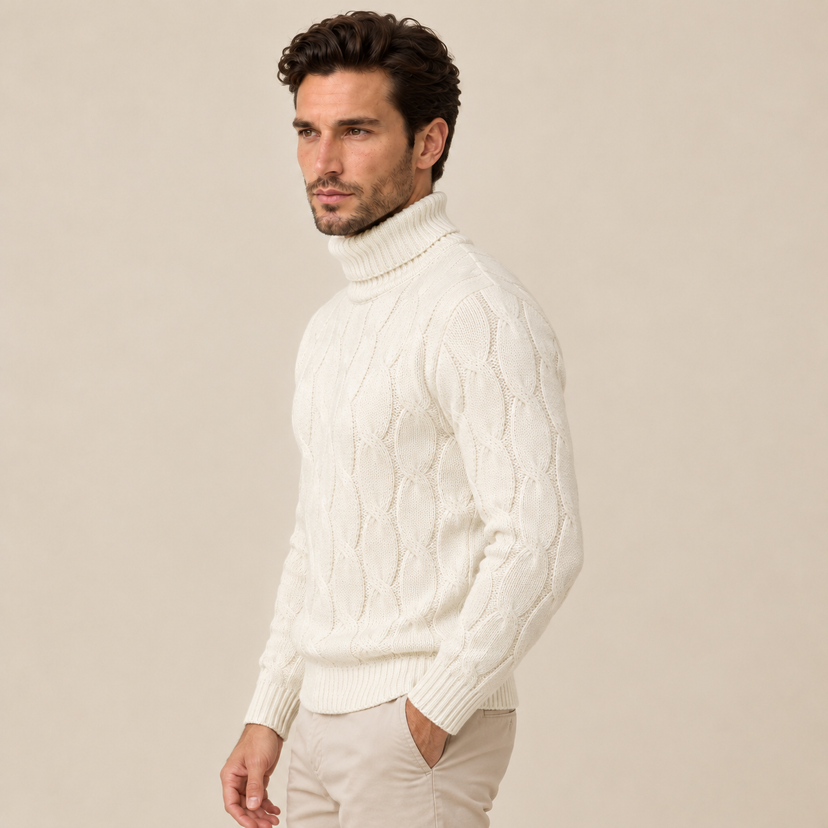Maglione Uomo a Trecce Collo Alto in Maglia Classico Caldo