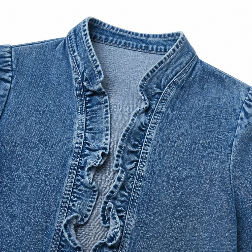 Giacca Donna di Jeans Aperta con Volant Cotone Denim Leggera